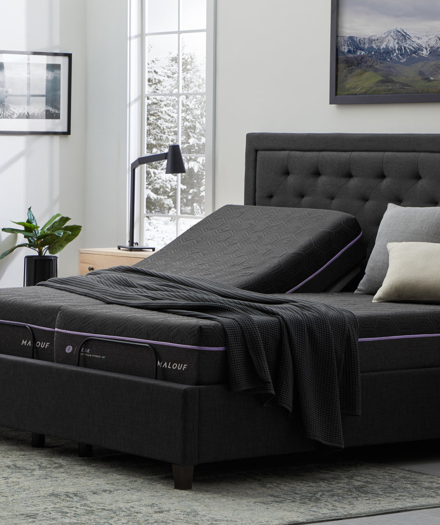 Peak 14 in Active Air Hybrid Mattress with Hyperchill cover room view with adjustable bases.