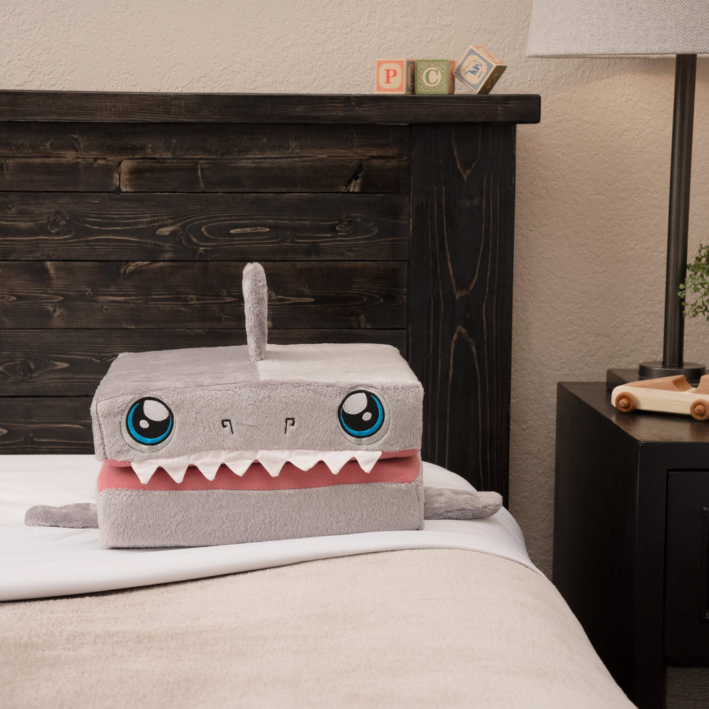 Pillow Cub Cube, shark design on bed